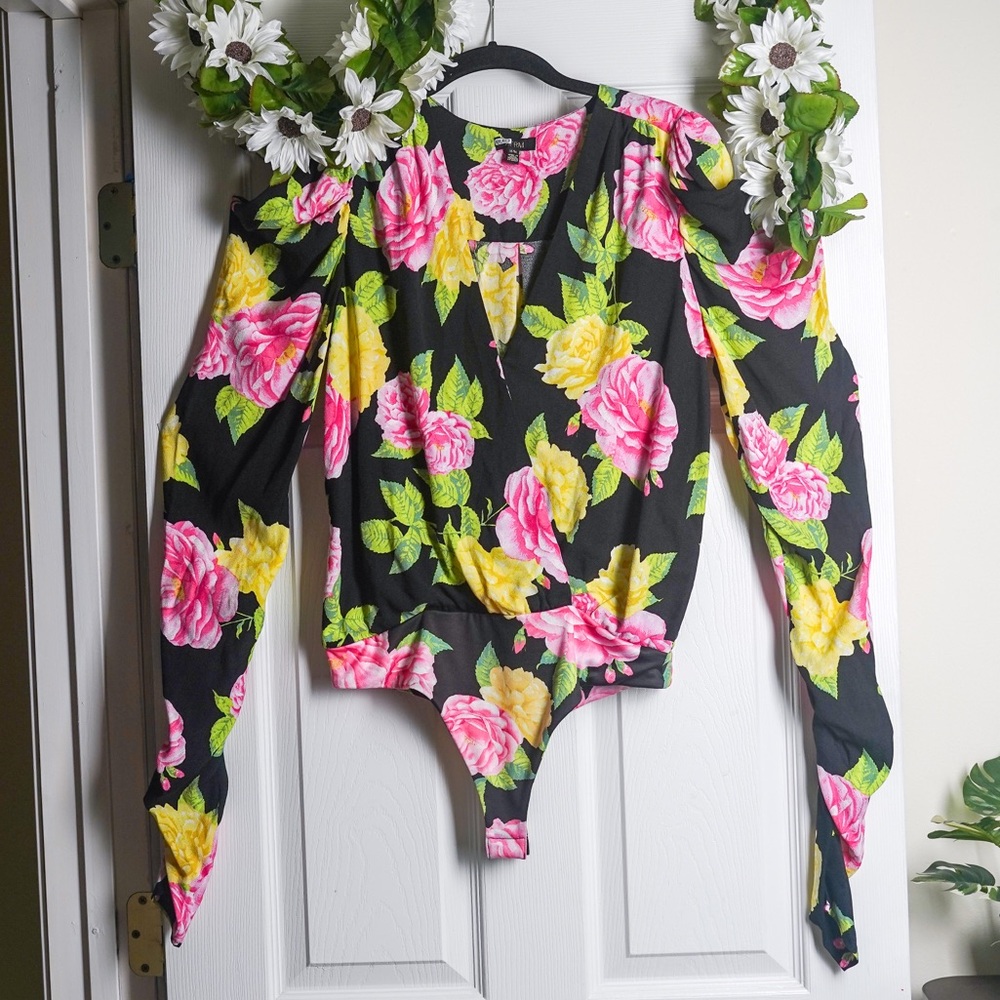Free People AFRM Floral Bodysuit Longsleeve size M NWOT Danna Surplice Roses